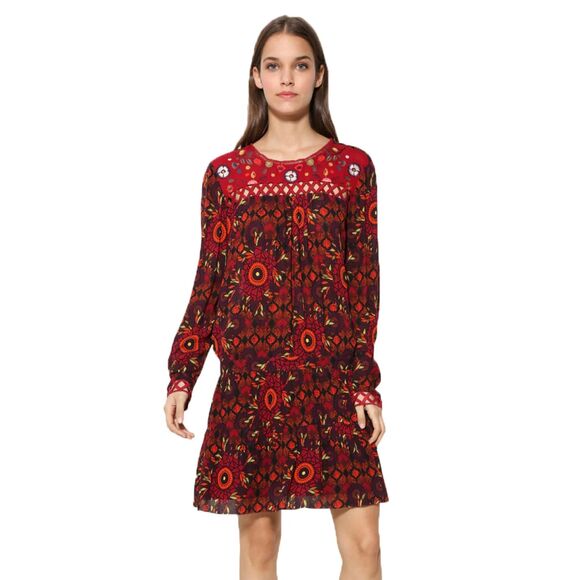 Desigual Red Rosi Long Sleeve Print Dress, Size 4 - Picture 1 of 7